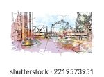 Building view with landmark of Perth is the 
city in Australia. Watercolor splash with hand drawn sketch illustration in vector.