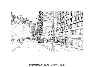 Building view with landmark of Perth is the 
city in Australia. Hand drawn sketch illustration in vector.