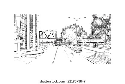Building view with landmark of Perth is the 
city in Australia. Hand drawn sketch illustration in vector.