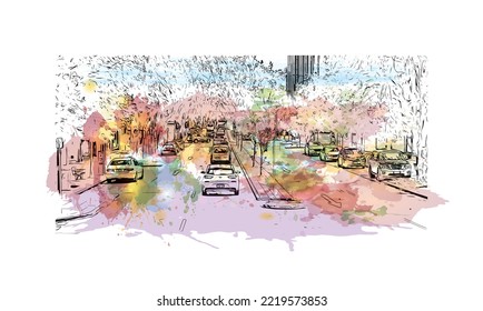 Building view with landmark of Perth is the 
city in Australia. Watercolor splash with hand drawn sketch illustration in vector.