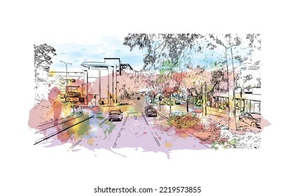 Building view with landmark of Perth is the 
city in Australia. Watercolor splash with hand drawn sketch illustration in vector.