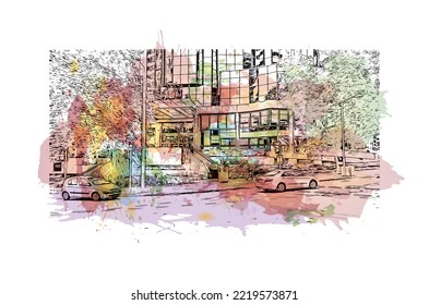 Building view with landmark of Perth is the 
city in Australia. Watercolor splash with hand drawn sketch illustration in vector.