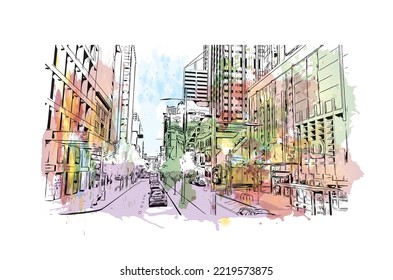 Building view with landmark of Perth is the 
city in Australia. Watercolor splash with hand drawn sketch illustration in vector.