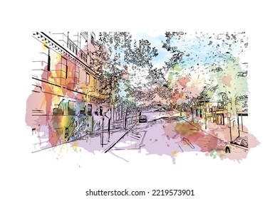 Der Ausblick auf das Gebäude mit Wahrzeichen Perth 
Stadt in Australien. Aquarellspritzer mit handgezeichneter Skizzengrafik in Vektorgrafik.