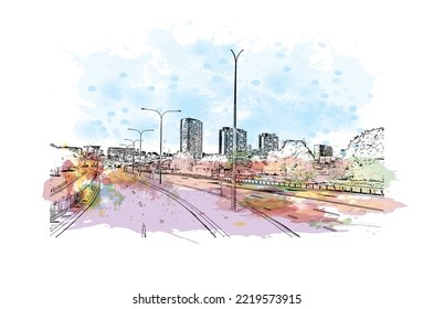 Building view with landmark of Perth is the 
city in Australia. Watercolor splash with hand drawn sketch illustration in vector.