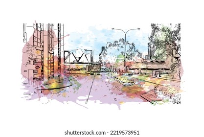 Building view with landmark of Perth is the 
city in Australia. Watercolor splash with hand drawn sketch illustration in vector.