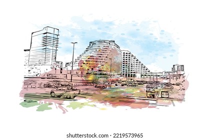 Building view with landmark of Perth is the 
city in Australia. Watercolor splash with hand drawn sketch illustration in vector.