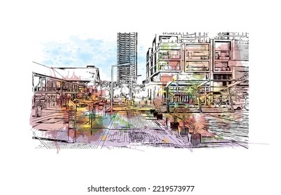 La vista de construcción con el punto de referencia de Perth es el 
ciudad de Australia. Salto de color de agua con ilustración de esbozo dibujada a mano en vector.