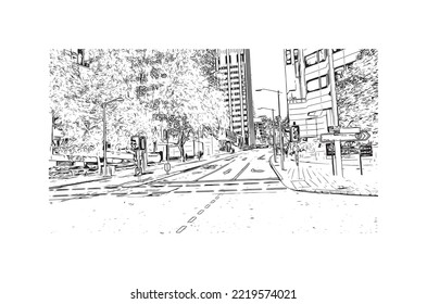 Building view with landmark of Perth is the 
city in Australia. Hand drawn sketch illustration in vector.