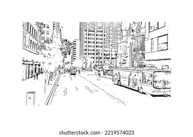 Der Ausblick auf das Gebäude mit Wahrzeichen Perth 
Stadt in Australien. Handgezeichnete Skizzengrafik in Vektorgrafik.