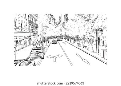 La vista de construcción con el punto de referencia de Perth es el 
ciudad de Australia. Dibujo a mano de ilustración de esbozo en vector.