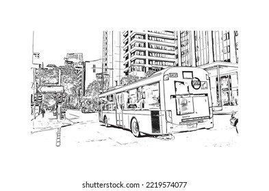 Building view with landmark of Perth is the 
city in Australia. Hand drawn sketch illustration in vector.
