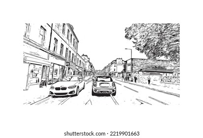 Der Ausblick auf das Gebäude mit Wahrzeichen Perth 
Stadt in Schottland. Handgezeichnete Skizzengrafik in Vektorgrafik.