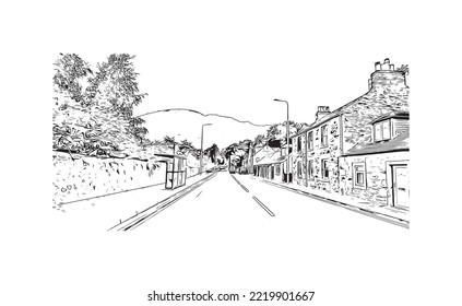 Building view with landmark of Perth is the 
city in Scotland. Hand drawn sketch illustration in vector.