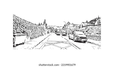 La vista de construcción con el punto de referencia de Perth es el 
ciudad de Escocia. Dibujo a mano de ilustración de esbozo en vector.