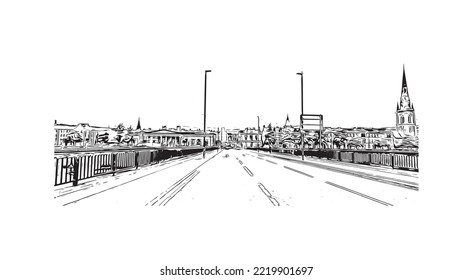 Building view with landmark of Perth is the 
city in Scotland. Hand drawn sketch illustration in vector.