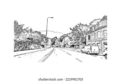 Building view with landmark of Perth is the 
city in Scotland. Hand drawn sketch illustration in vector.