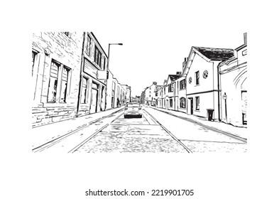 Building view with landmark of Perth is the 
city in Scotland. Hand drawn sketch illustration in vector.