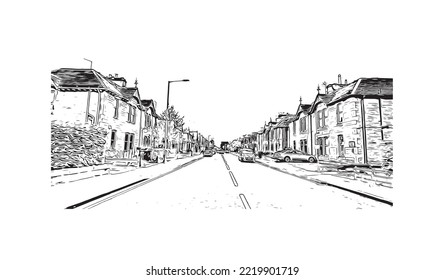 Building view with landmark of Perth is the 
city in Scotland. Hand drawn sketch illustration in vector.