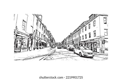 Building view with landmark of Perth is the 
city in Scotland. Hand drawn sketch illustration in vector.