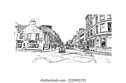 Building view with landmark of Perth is the 
city in Scotland. Hand drawn sketch illustration in vector.