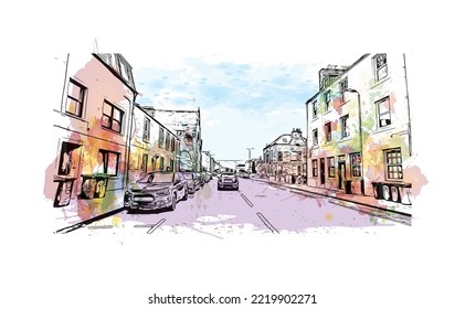 La vista de construcción con el punto de referencia de Perth es el 
ciudad de Escocia. Salto de color de agua con ilustración de esbozo dibujada a mano en vector.