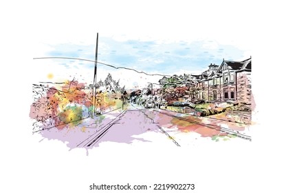Building view with landmark of Perth is the 
city in Scotland. Watercolor splash with hand drawn sketch illustration in vector.