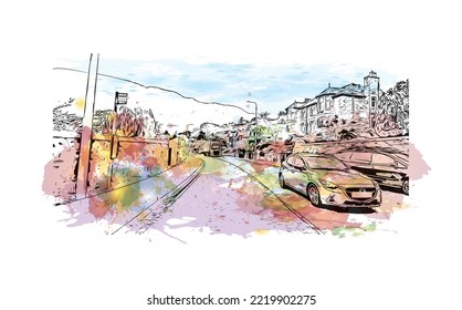 La vista de construcción con el punto de referencia de Perth es el 
ciudad de Escocia. Salto de color de agua con ilustración de esbozo dibujada a mano en vector.