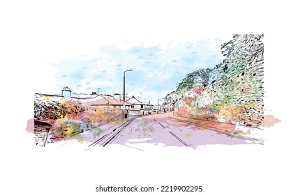 La vista de construcción con el punto de referencia de Perth es el 
ciudad de Escocia. Salto de color de agua con ilustración de esbozo dibujada a mano en vector.