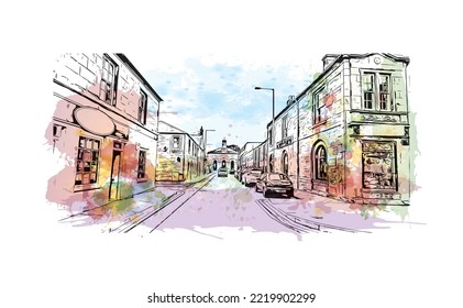 Der Ausblick auf das Gebäude mit Wahrzeichen Perth 
Stadt in Schottland. Aquarellspritzer mit handgezeichneter Skizzengrafik in Vektorgrafik.