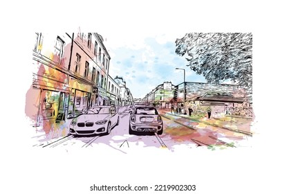 La vista de construcción con el punto de referencia de Perth es el 
ciudad de Escocia. Salto de color de agua con ilustración de esbozo dibujada a mano en vector.