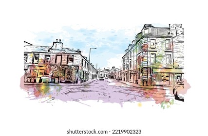 La vista de construcción con el punto de referencia de Perth es el 
ciudad de Escocia. Salto de color de agua con ilustración de esbozo dibujada a mano en vector.