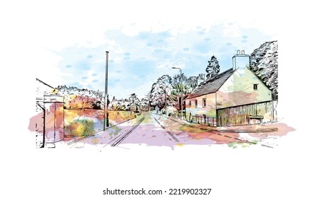 Building view with landmark of Perth is the 
city in Scotland. Watercolor splash with hand drawn sketch illustration in vector.