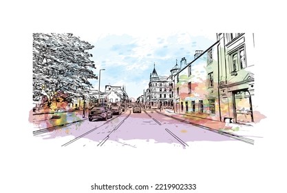 La vista de construcción con el punto de referencia de Perth es el 
ciudad de Escocia. Salto de color de agua con ilustración de esbozo dibujada a mano en vector.