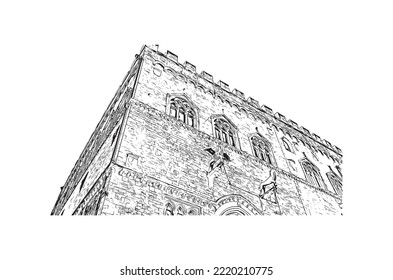 Building view with landmark of Perugia is the 
city in Italy. Hand drawn sketch illustration in vector.