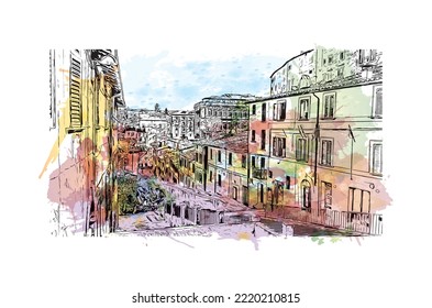 Building view with landmark of Perugia is the 
city in Italy. Watercolor splash with hand drawn sketch illustration in vector.