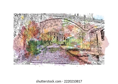 Building view with landmark of Perugia is the 
city in Italy. Watercolor splash with hand drawn sketch illustration in vector.