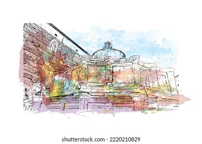 Building view with landmark of Perugia is the 
city in Italy. Watercolor splash with hand drawn sketch illustration in vector.