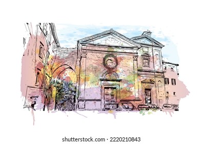 Building view with landmark of Perugia is the 
city in Italy. Watercolor splash with hand drawn sketch illustration in vector.