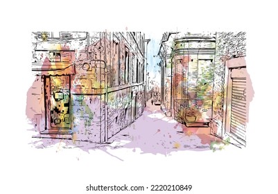 Building view with landmark of Perugia is the 
city in Italy. Watercolor splash with hand drawn sketch illustration in vector.