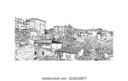 Building view with landmark of Perugia is the 
city in Italy. Hand drawn sketch illustration in vector.