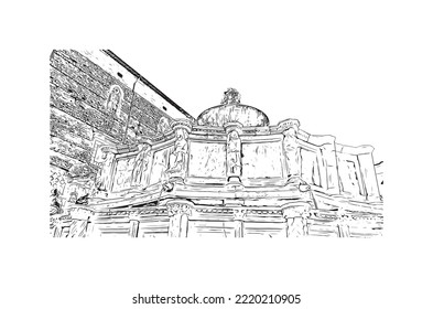 Building view with landmark of Perugia is the 
city in Italy. Hand drawn sketch illustration in vector.