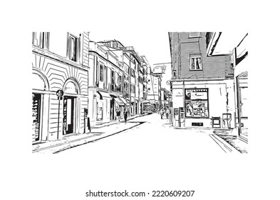 Building view with landmark of Pesaro is the 
city in Italy. Hand drawn sketch illustration in vector.