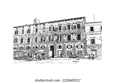 Building view with landmark of Pesaro is the 
city in Italy. Hand drawn sketch illustration in vector.