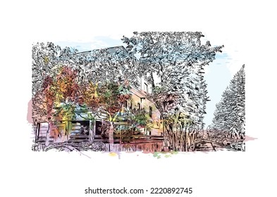 Building view with landmark of Pescara is the 
city in Italy. Watercolor splash with hand drawn sketch illustration in vector.