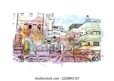 Building view with landmark of Pescara is the 
city in Italy. Watercolor splash with hand drawn sketch illustration in vector.