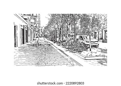 Building view with landmark of Pescara is the 
city in Italy. Hand drawn sketch illustration in vector.