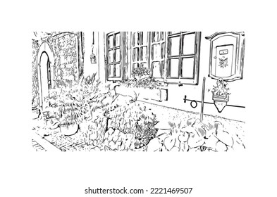 Building view with landmark of Pescasseroli is the 
town in Italy.
Hand drawn sketch illustration in vector.
