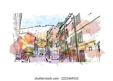 Building view with landmark of Pescasseroli is the 
town in Italy.
Watercolor splash with hand drawn sketch illustration in vector.