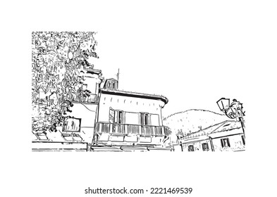 Building view with landmark of Pescasseroli is the 
town in Italy.
Hand drawn sketch illustration in vector.